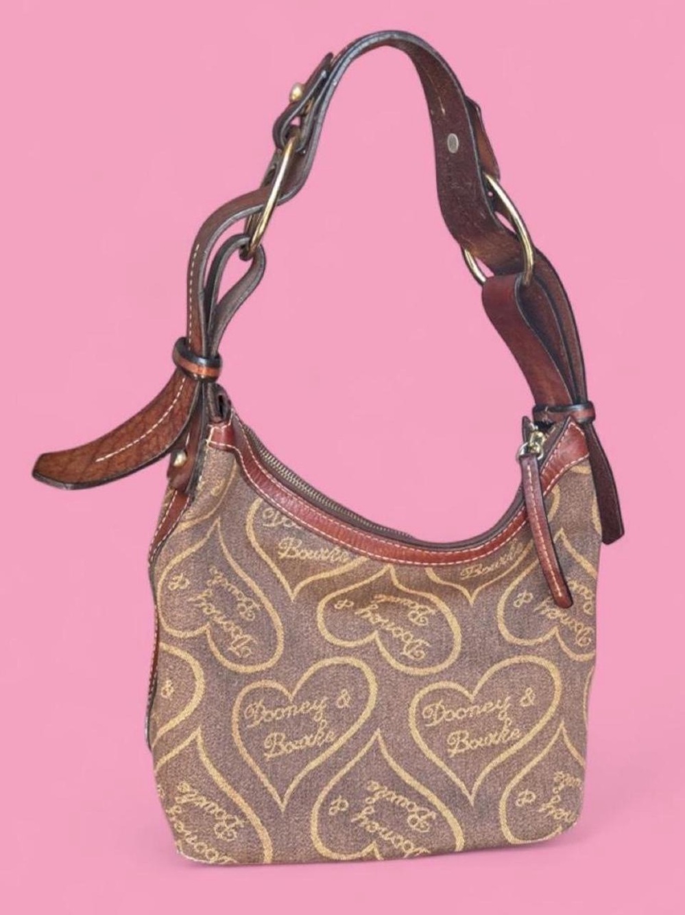 Dooney & Bourke Brown Heart-Print Shoulder Bag with Tan Accents